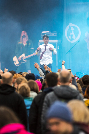Traena, Norway - July 6 2017: concert of Norwegian punk rock band Honningbarna at Traenafestival, music festival taking place on the small island of Traenaのeditorial素材