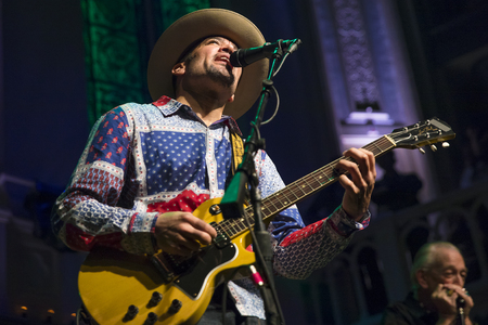 Amsterdam, The Netherlands - 9 April 2018: Concert of American singer and guitarist Ben Harper and bluesman and harmonica player Charlie Musselwhite in Paradiso Amsterdam.のeditorial素材