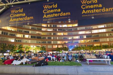 Amsterdam, The Netherlands - August 22 2018: open air screening of Brazilian film Benzinho at Marie Heinekenplein, during World Cinema Amsterdam, a world film festival held from 16 to 25/08/2018のeditorial素材