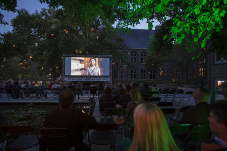 Amsterdam, The Netherlands - August 11 2018: open air screening of Cuban film Sergio and Serguei at De Troppen garden during World Cinema Amsterdam, a world film festival held from 11 to 25/08/2018のeditorial素材