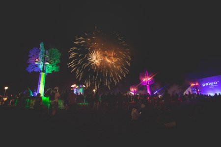 Nyon, Switzerland - 27 July 2019 : Fireworks fired as close up of the festivalのeditorial素材