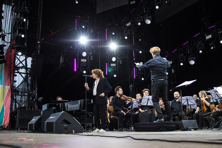 Nyon, Switzerland - 28 July 2019 :  concert of British-French singer Jane Birkin, she is singing accompanied by an orchestra the songs of her former partner Serge Gainsbourg as an hommageのeditorial素材