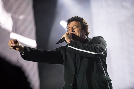 Nyon, Switzerland - 27 July 2019 :  concert of French pop singer Patrick Bruelのeditorial素材