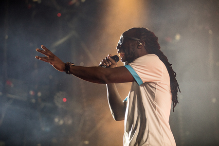Nyon, Switzerland - 27 July 2019 : concert of French rap singer Youssouphaのeditorial素材