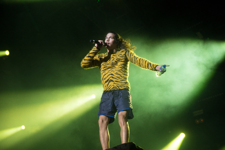 Nyon, Switzerland - 25 July 2019 :  concert of French rap singer Moha la Squaleのeditorial素材