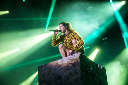 Nyon, Switzerland - 25 July 2019 :  concert of French rap singer Moha la Squaleのeditorial素材