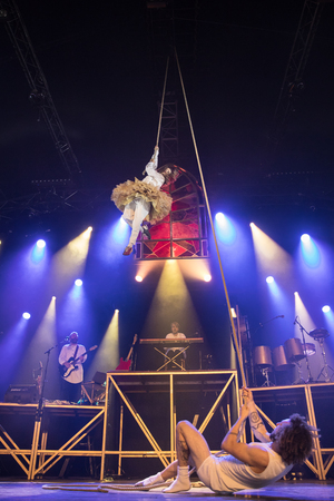 Nyon, Switzerland - 26 July 2019 :  circus and musical performance of Cirque Alfonse, a circus company from Quebec, Canadaのeditorial素材