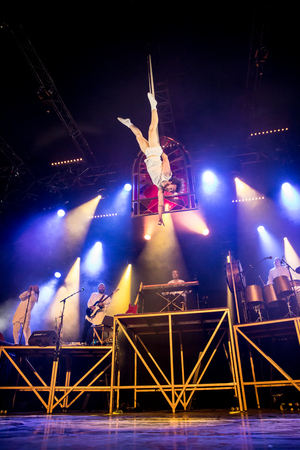 Nyon, Switzerland - 26 July 2019 :  circus and musical performance of Cirque Alfonse, a circus company from Quebec, Canadaのeditorial素材