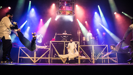 Nyon, Switzerland - 26 July 2019 :  circus and musical performance of Cirque Alfonse, a circus company from Quebec, Canadaのeditorial素材