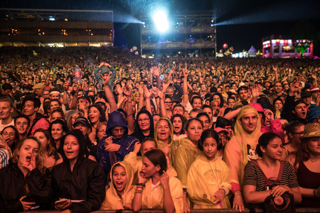 Nyon, Switzerland - 26 July 2019 : crowd od audience cheering in front of  concert of French rap singer Sopranoのeditorial素材