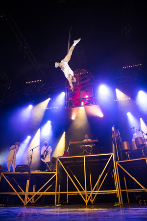 Nyon, Switzerland - 26 July 2019 :  circus and musical performance of Cirque Alfonse, a circus company from Quebec, Canadaのeditorial素材