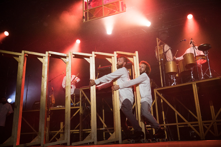 Nyon, Switzerland - 26 July 2019 :  circus and musical performance of Cirque Alfonse, a circus company from Quebec, Canadaのeditorial素材
