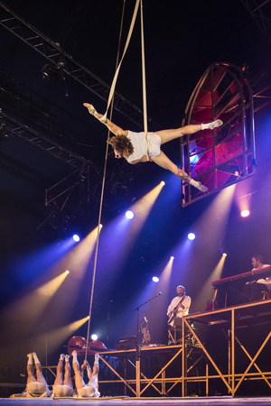 Nyon, Switzerland - 26 July 2019 :  circus and musical performance of Cirque Alfonse, a circus company from Quebec, Canadaのeditorial素材