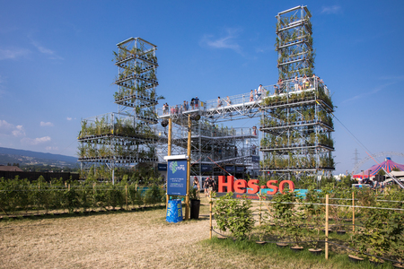 Nyon, Switzerland - 24 July 2019 :  Installation called Utopia with plant towers designed by HES-SO, the University of applied sciences and art located in Genevaのeditorial素材