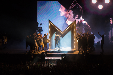 Nyon, Switzerland - 24 July 2019 :  general view on the main stage with crowd of audience at concert of extravagant French singer-songwriter and guitarist Matthieu Chedid called âM-のeditorial素材