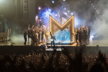 Nyon, Switzerland - 24 July 2019 :  general view on the main stage with crowd of audience at concert of extravagant French singer-songwriter and guitarist Matthieu Chedid called âM-のeditorial素材