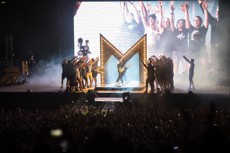 Nyon, Switzerland - 24 July 2019 :  general view on the main stage with crowd of audience at concert of extravagant French singer-songwriter and guitarist Matthieu Chedid called âM-のeditorial素材