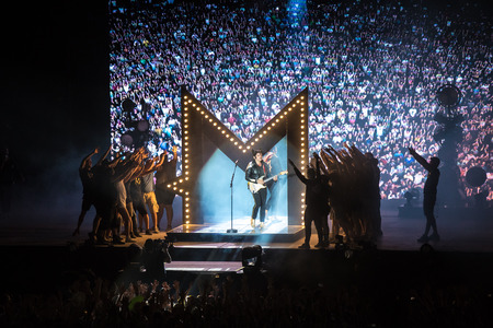 Nyon, Switzerland - 24 July 2019 :  general view on the main stage with crowd of audience at concert...