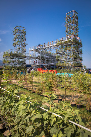 Nyon, Switzerland - 24 July 2019 :  Installation called Utopia with plant towers designed by HES-SO, the University of applied sciences and art located in Genevaのeditorial素材