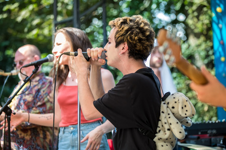 Nyon, Switzerland - 25 July 2019 :  private showcase concert of Canadian rock singer form Quebec Hubert Lenoirのeditorial素材