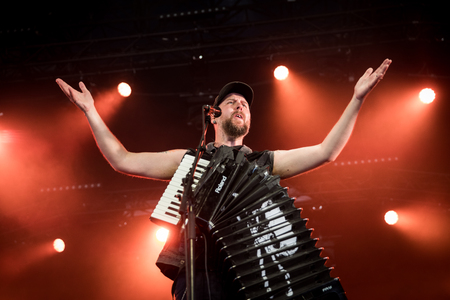 Nyon, Switzerland - 24 July 2019 : concert of Canadian folk rock band from Quebec Bodhâaktan at paleo festivalのeditorial素材
