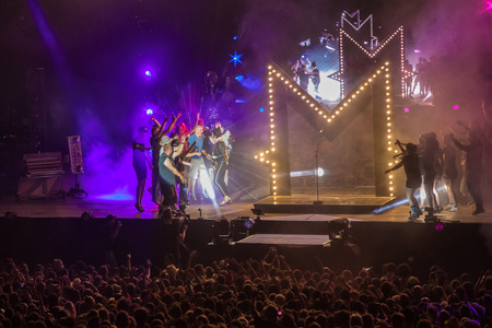 Nyon, Switzerland - 24 July 2019 :  general view on the main stage with crowd of audience at concert of extravagant French singer-songwriter and guitarist Matthieu Chedid called âM-のeditorial素材