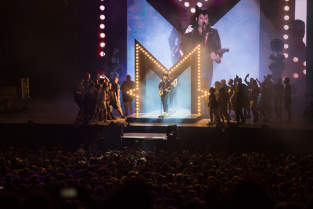 Nyon, Switzerland - 24 July 2019 :  general view on the main stage with crowd of audience at concert of extravagant French singer-songwriter and guitarist Matthieu Chedid called âM-のeditorial素材