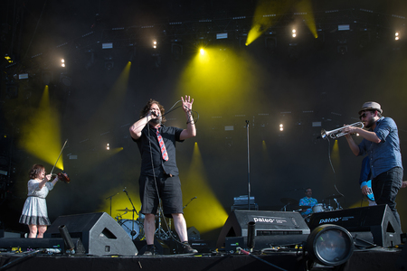 Nyon, Switzerland - 23 July 2019: concert of Canadian rock band from Quebec Les Cowboys Fringants at Paleo Festivalのeditorial素材
