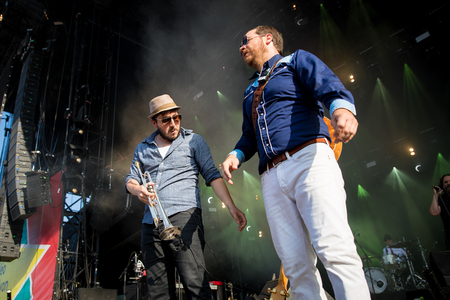 Nyon, Switzerland - 23 July 2019: concert of Canadian rock band from Quebec Les Cowboys Fringants at Paleo Festivalのeditorial素材