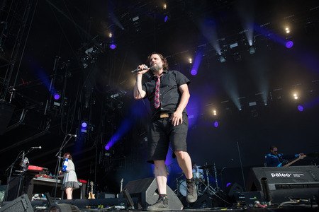 Nyon, Switzerland - 23 July 2019: concert of Canadian rock band from Quebec Les Cowboys Fringants at Paleo Festivalのeditorial素材