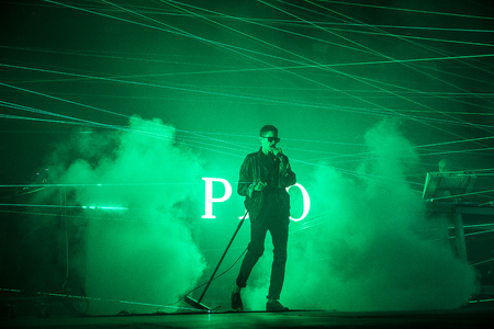 Nyon, Switzerland - 23 July 2019: concert of Kompromat an electro/indus project inspired by old berliner techno music, performed by Vitalic & Rebeka Warriorのeditorial素材