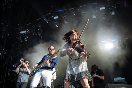 Nyon, Switzerland - 23 July 2019: concert of Canadian rock band from Quebec Les Cowboys Fringants at Paleo Festivalのeditorial素材