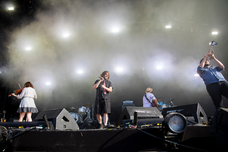 Nyon, Switzerland - 23 July 2019: concert of Canadian rock band from Quebec Les Cowboys Fringants at Paleo Festivalのeditorial素材