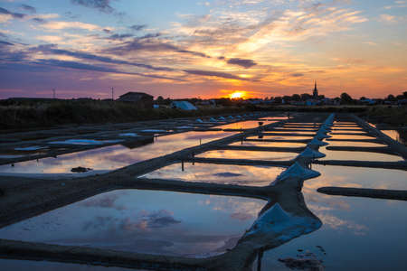 Panoramic view of the salt marshland at sunrise, Olonne area, Vendee, Franceの写真素材