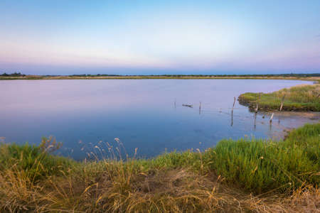 Panoramic view of the salt marshland at sunrise, Olonne area, Vendee, Franceの写真素材