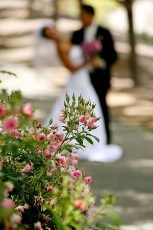 A blurred image of a newly wed with flowers in the foregroundの写真素材