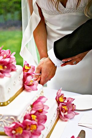 A bride and a groom is cutting their wedding cakeの写真素材