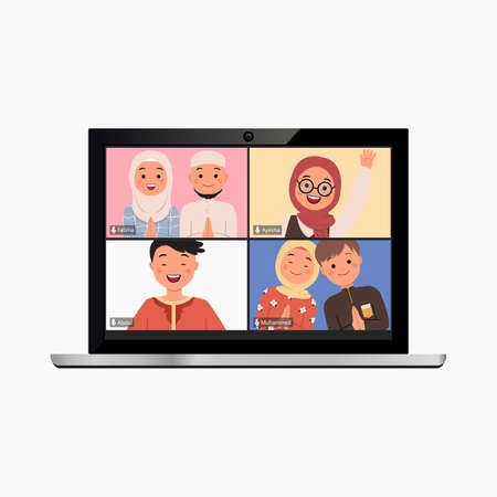 Template of video conference call in laptop mock up. Virtual ramadan greeting online because of covid19 campaign. Modern flat style vector.のイラスト素材
