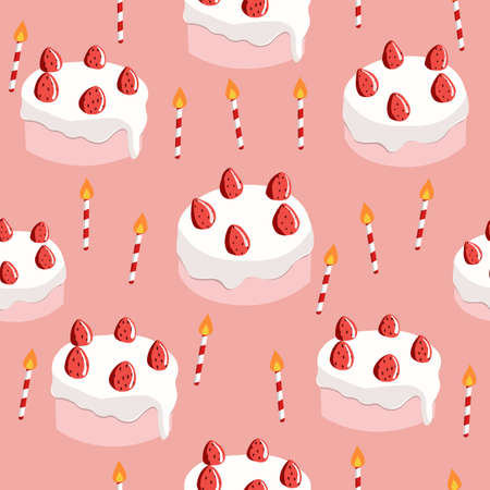 Cute strawberry birthday cake seamless pattern. Flat style vector.のイラスト素材
