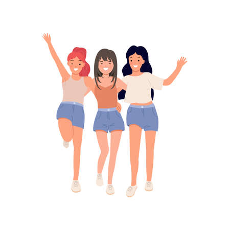 Happy youth day. Girls having fun together in summer clothes. Flat style cartoon isolated on white backgroundのイラスト素材