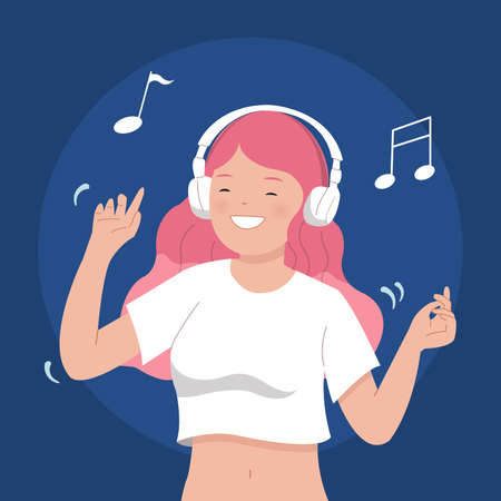 A young girl listening and dancing to the music on the headphone. Flat style cartoon. Happy international youth day.のイラスト素材