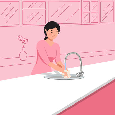 New normal concept corona virus pandemic. Woman washing her hand in the kitchen sink to avoid spreading covid-19. Flat style vectorのイラスト素材
