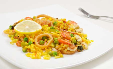 Paella with chicken and seafood on a white plate, close-up, side viewの写真素材