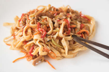 Egg udon noodles with pork, vegetables and sesame seeds on a white plate, close-upの写真素材