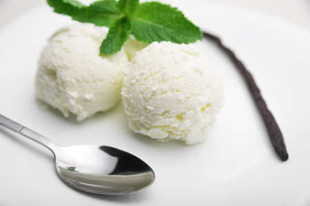 Two scoops of ice cream with mint and a vanilla bean on a white plate, white background, close-upの写真素材
