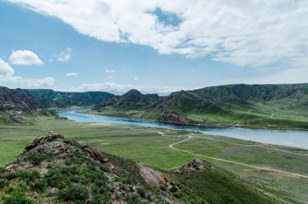 Beautiful mountains and river Ili in Kazakhstanの写真素材