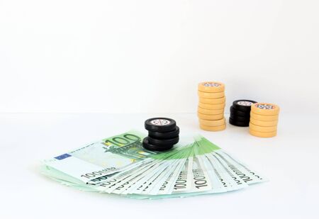 Many hundred banknote euro and prize in casino (Selective focus this image)の写真素材