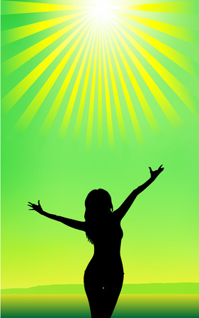 Lime. Silhouette of a young attractive girl on the sea, sky and sunのイラスト素材
