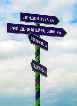 Pointers with many directions to different counries against sky