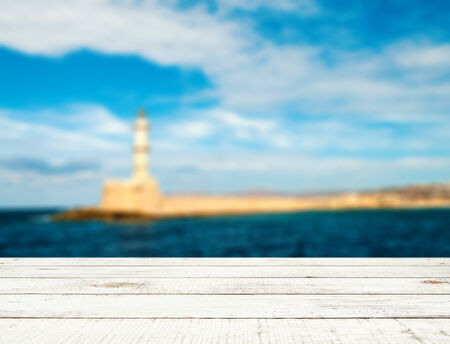 Perspective view of the lighthouse Mediterranean Sea in Chania, Crete, Greece. Crete. Chania
